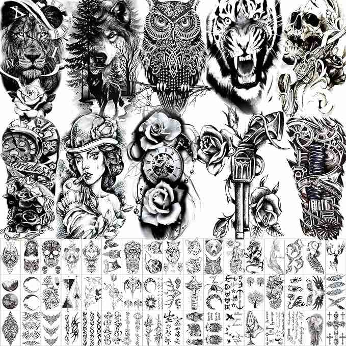Hotoyannia 62 Sheets Black Temporary Tattoos Stickers for Women Men and Girl, 10 Large-Size That Look Real and Last Long, Include Black Scary Wolf Lion Tiger Skeleton Skull Halloween Fake Tattoos