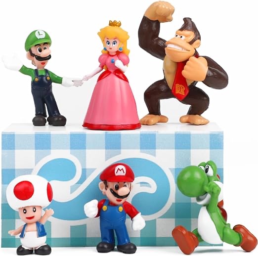 Gihommie 6pcs Mario Figures Cake Toppers — Cartoon Princess Figurines for Boys and Girls Birthday Baby Shower — Mario Theme Party Supplies