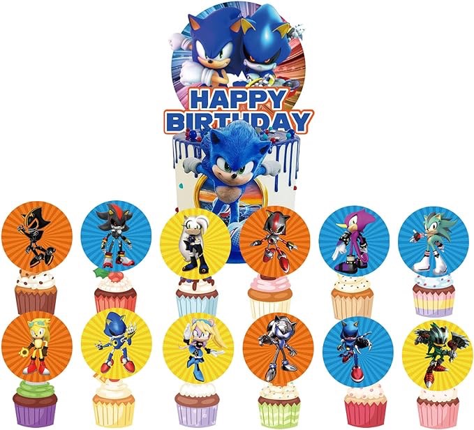 25 Pieces Blue Sonic the Hedgehog Cake and Cupcakes Decor Topper — Themed Birthday Party Supplies 