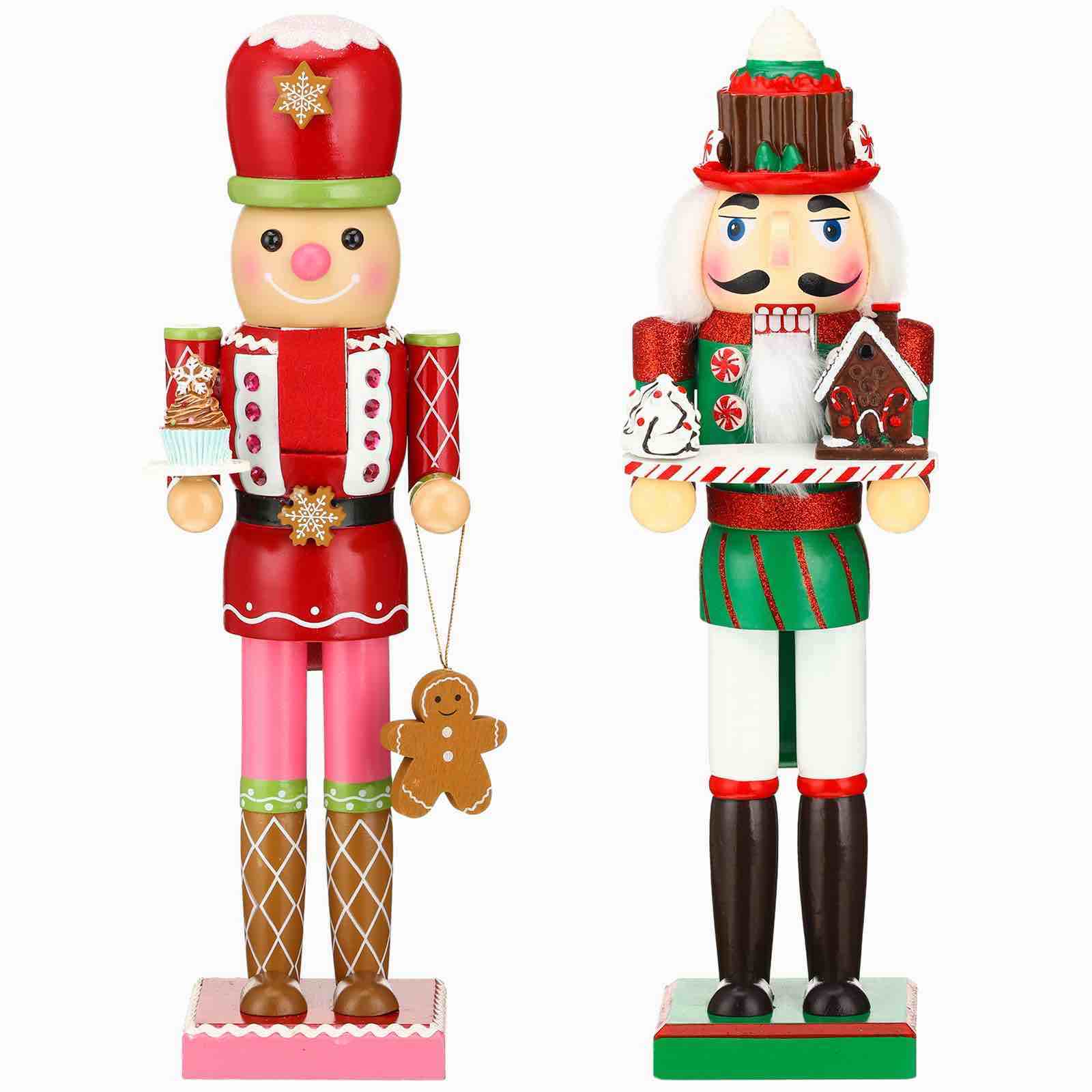 SOAOO 2 Pcs Christmas Nutcracker Ornament — 14'' Wooden Nutcracker Figures Traditional Nutcrackers Soldier Christmas Decor with Gingerbread Man for Desktop Table Collectible Decoration (Formal)