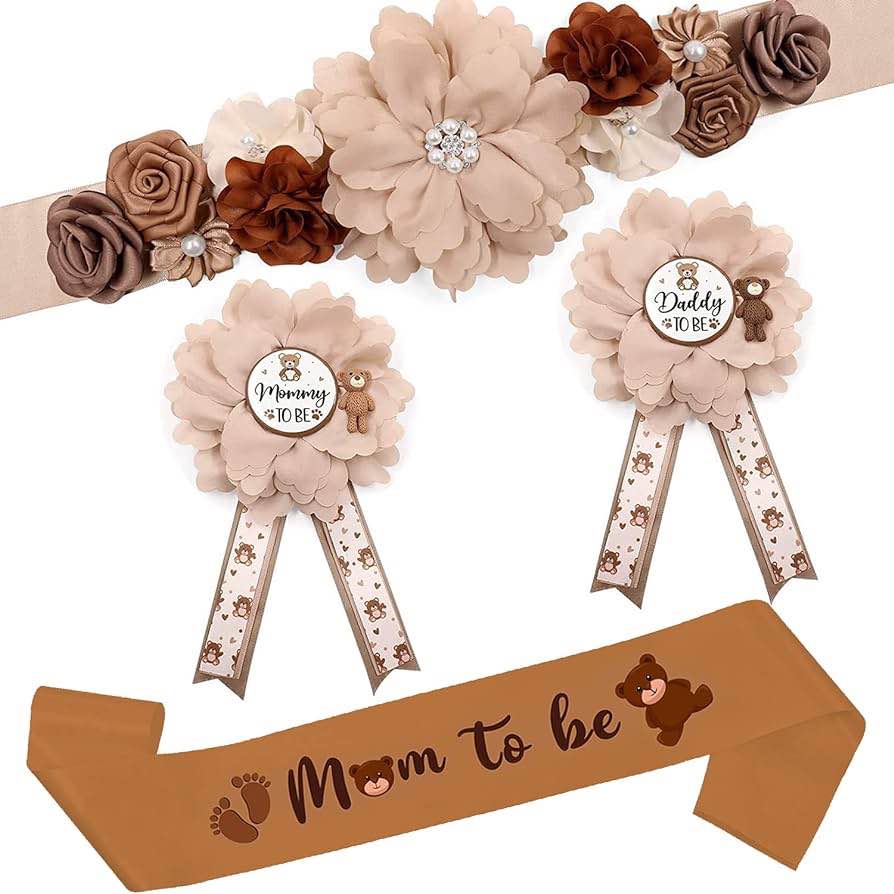 Teddy Bear Baby Shower Sash 4 Pcs, Maternity Sash Belt for Baby Shower with Mom to Be Sash Mom to Be Pin Daddy to Be Pin