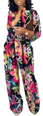 (Large) DsKiss Women's Sexy V Neck Printing Jumpsuits Long Sleeve Straight Long Pants Business Romper with Pockets Belt