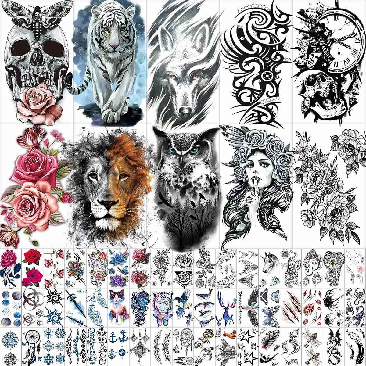 HOTOYANNIA 62 Sheets Black Large-Size Temporary Tattoos Stickers for Women/Men — Includes 10 Large-Size Fake Tattoos That Look Real and Last Long — Halloween Tattoos Include Black Scary Wolf, Lion, Tiger, Skeleton, Skull Tattoos