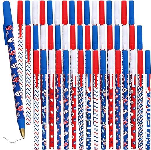 Harloon 48 Pcs 4th of July Pens USA American Flag Pen Patriotic Ballpoint Pen with 8 Red White Blue Designs 0.7 mm Black Ink Plastic Gift for Independence Day Souvenir Party Favor Office Supplies