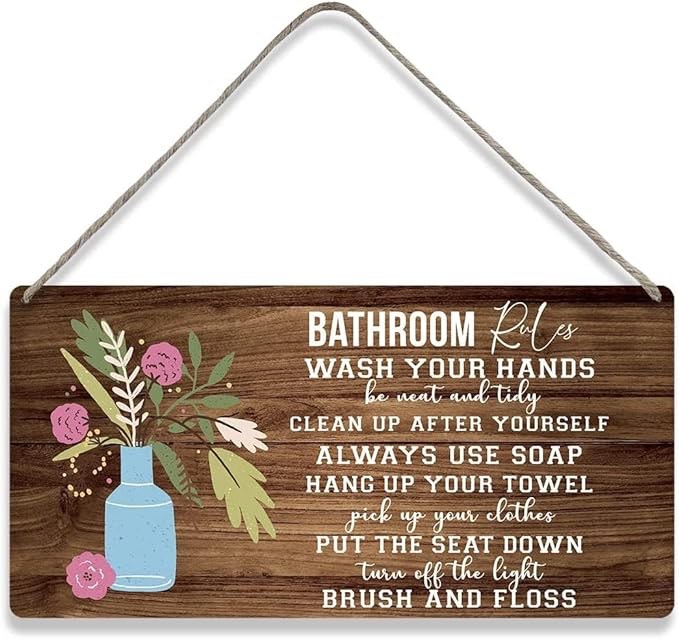 Rustic Style Toilet Wall Decoration — Bathroom Rules, Wooden Signs, Funny Rustic Sign to Hang On the Wall, Home Sign, Bathroom, Room, Gift (12 x 6 inches)