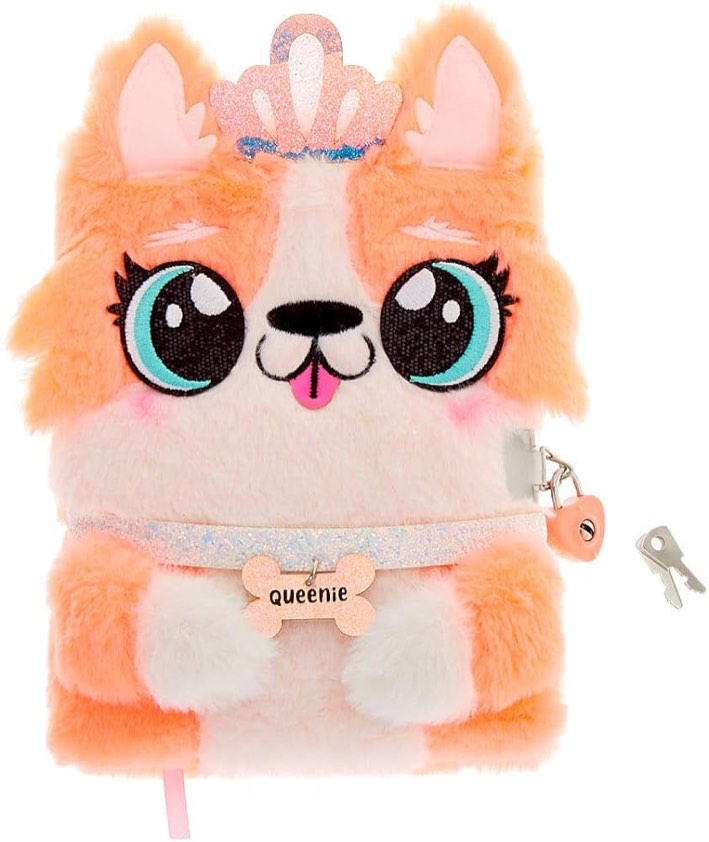 Claire’s Plush Lock Diary for Girls — Queenie the Corgi Cute Stocking Stuffer, Includes Lock with 2 Keys (6x8 Inches, Coral)