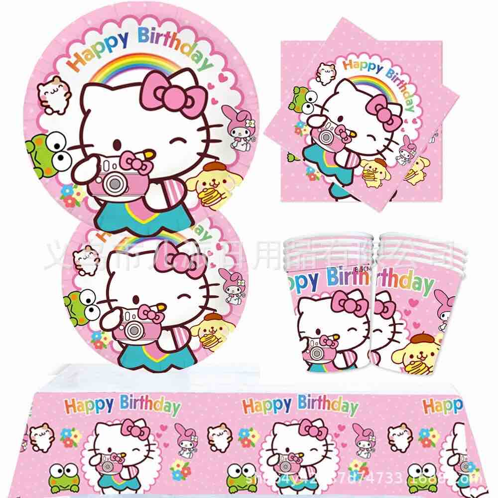 Hello Kitty Party Supply Kawaii Anime Sanrio Children's Happy Birthday Party Decoracion Banner Tablecloth Balloon Cup Kids Gifts