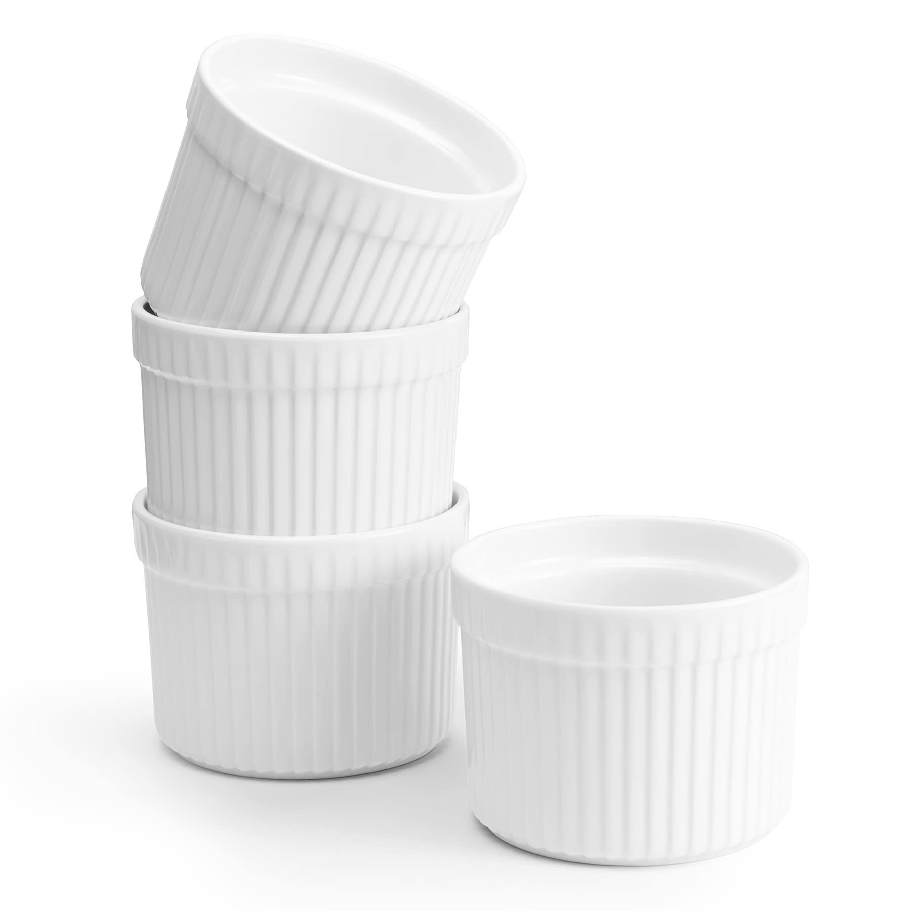 Vasa casa 10 oz Ramekins - Creme Brulee Porcelain Ramekins Set, Oven Safe, Souffle, Custard Cups for Baking and Ice Cream Bowl, Set of 4, White
