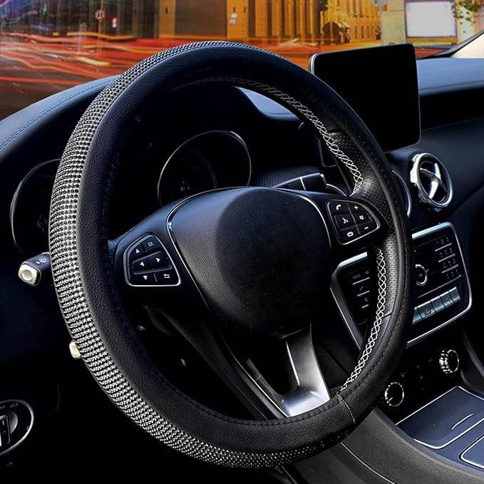 YASSIBY Diamond Leather Steering Wheel Cover for Women Girls, with Bling Crystal Rhinestones, Universal Fit 15 Inch Car SUV Wheel Anti-Slip Protector (14.5-15 inch)(White Diamonds)