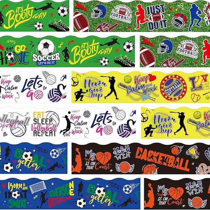Classroom Sport Bulletin Board Strips Decoration Sports Bulletin Board Borders Peel and Stick Bulletin Boarder Trim 6 Styles Scalloped Straight Sports Decor for Boys Bedroom School