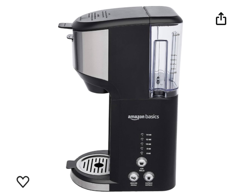 Amazon Basics Drip Coffee Maker with K-Cup, 14 Oz, Black and Stainless steel, 5.98"D x 9.44"W x 14.17"H