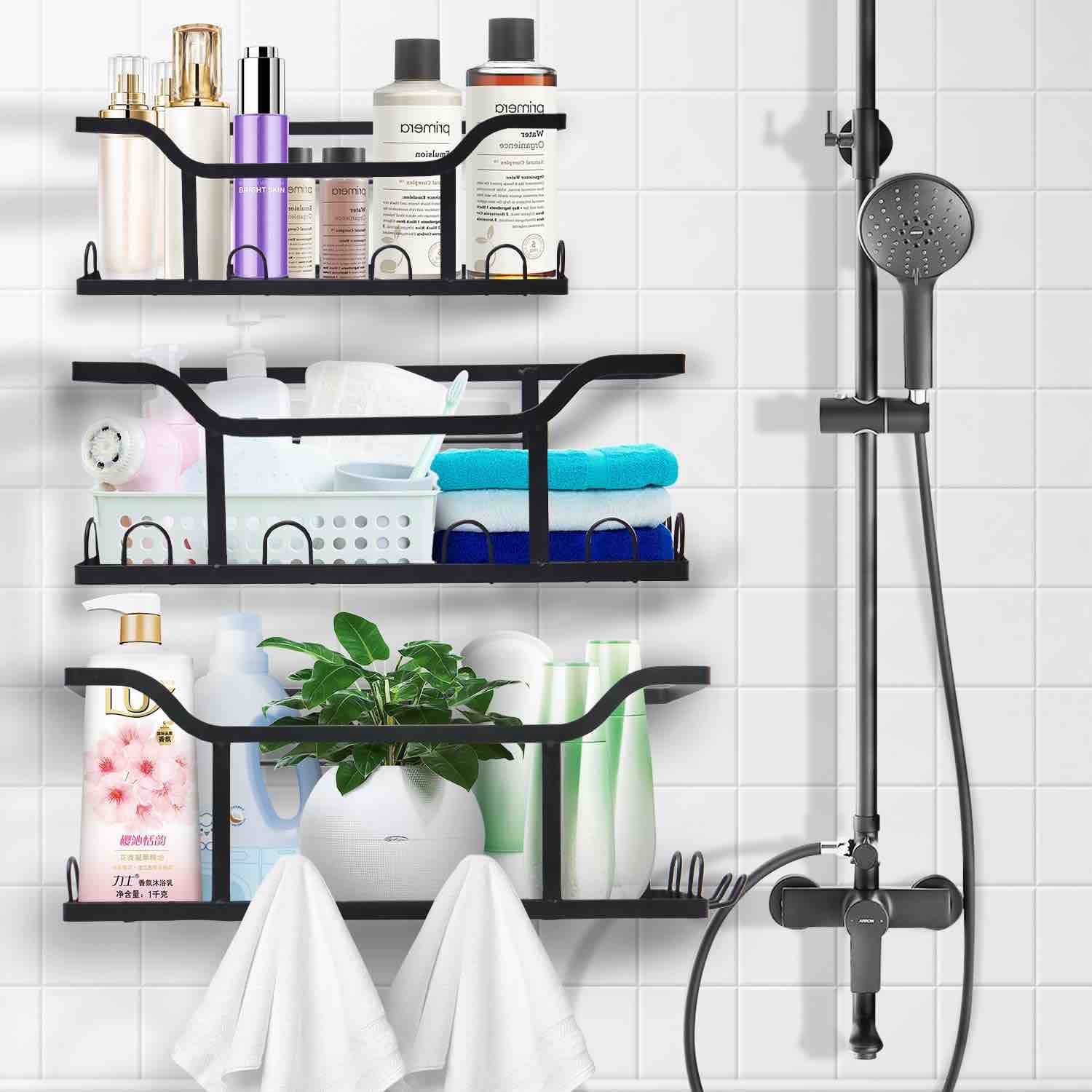 QIUERS Shower Caddy Adhesive Shower Caddy (3Pack),No Drilling Rustproof Self Adhesive Wall-Mounted Shower Shelf 13in*5in Large Capacity Shower Organizer Black, with Bath Towel Rack Razor Holder