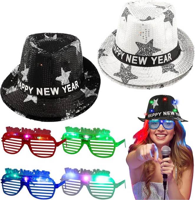 Shinymoon 12 Pcs Happy New Year 2024 Party Supplies, 4 New Years Eve Hats LED Sequin Hats 4 Light up Flashing Glasses Shutter Shades Glasses New Year Party Costume for Kids