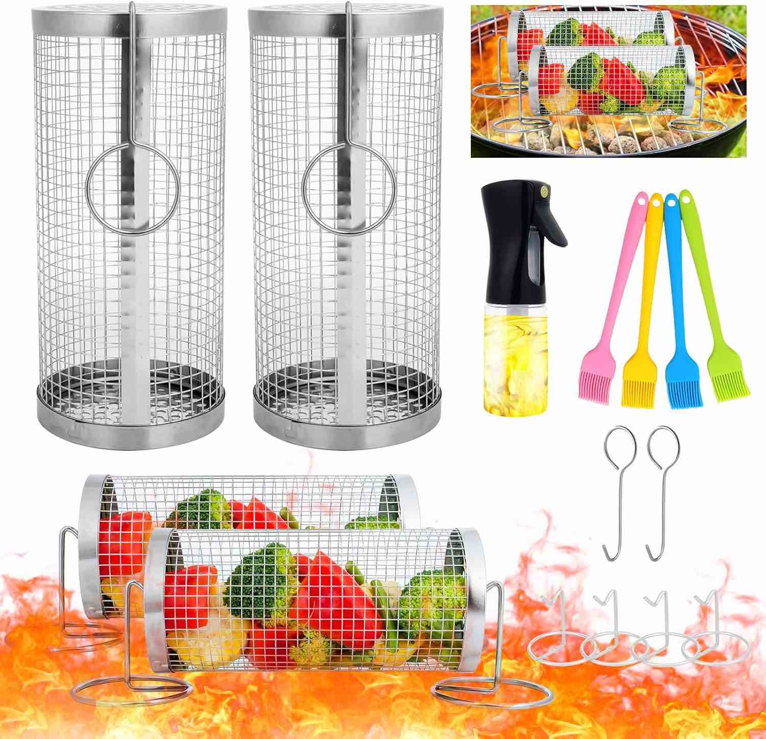 Grill Basket 2 PCS, Rolling Grill Baskets for Outdoor Grill BBQ Grill Basket, Round Stainless Steel Grill Mesh Barbeque Grill Accessories, Camping Grill for Grilling Meat, Vegetables, Chips,