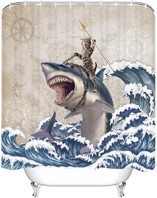 LEITINGYA Funny Cat Shark Shower Curtain