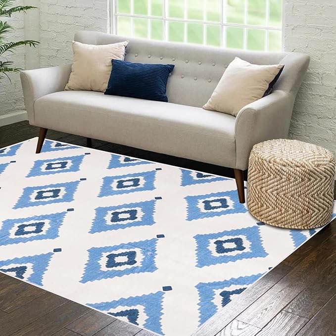 DCAIR Boho Geometric 4x6 Area Rug for Living Room, Washable Floor Carpet Non-Slip Bohemian Rugs for Bedroom, Throw Rugs for Entrance Kitchen Room Office Farmhouse Navy Blue/Blue