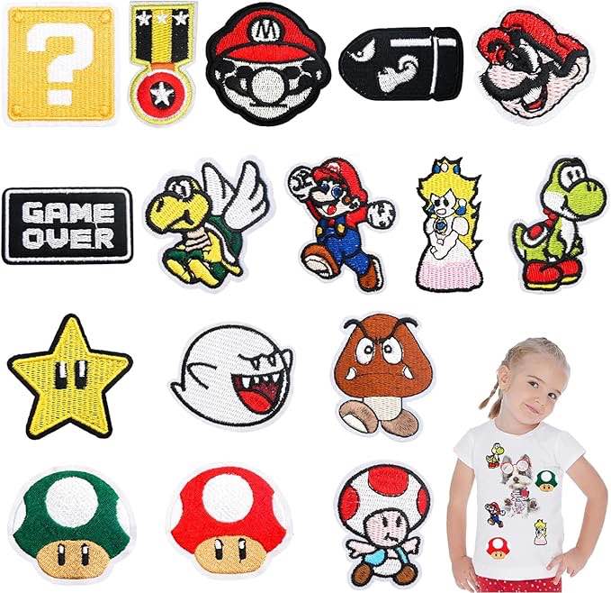 Iron on Patches for Clothing,16Pcs Mario Patches Embroidered Applique Patches DIY Sew Applique Repair Patch, Sew On Iron On Patch for Jackets, Jeans, Pants, Backpacks, Clothes