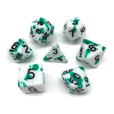 Set of 7 White w/ Green Speckle Dice with Carry Bag - Polyhedral Dice for RPG