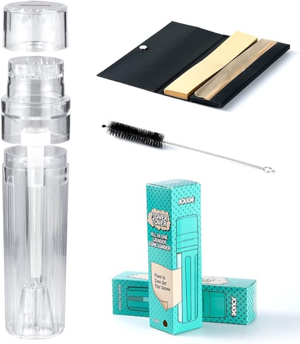 Herb Grinder with Cone Loader, 3 in1 Portable Grinding Filling Sifting & Storage, Includes Rolling Papers and Brush, Manual, Polycarbonate (Black)