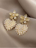 1pair Vintage Heart-Shaped Faux Pearl, Cat's Eye Stone & Flower Drop Earrings