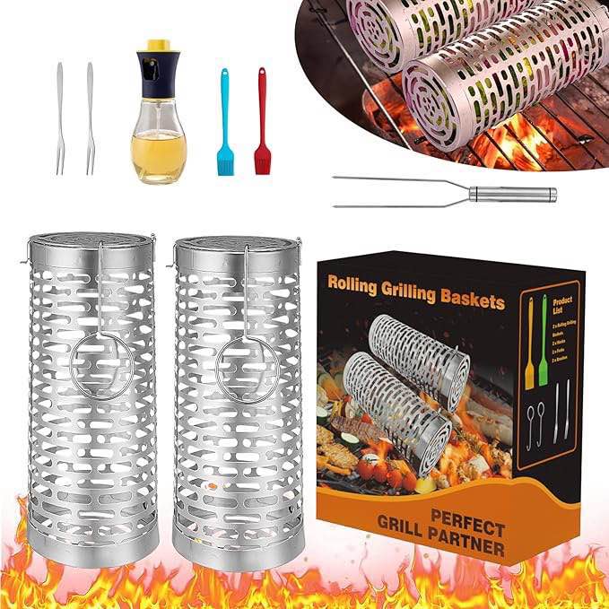 Grill Basket 2 PCS, Rolling Grill Baskets for Outdoor Grill BBQ Grill Basket, Round Stainless Steel Grill Mesh Barbeque Grill Accessories