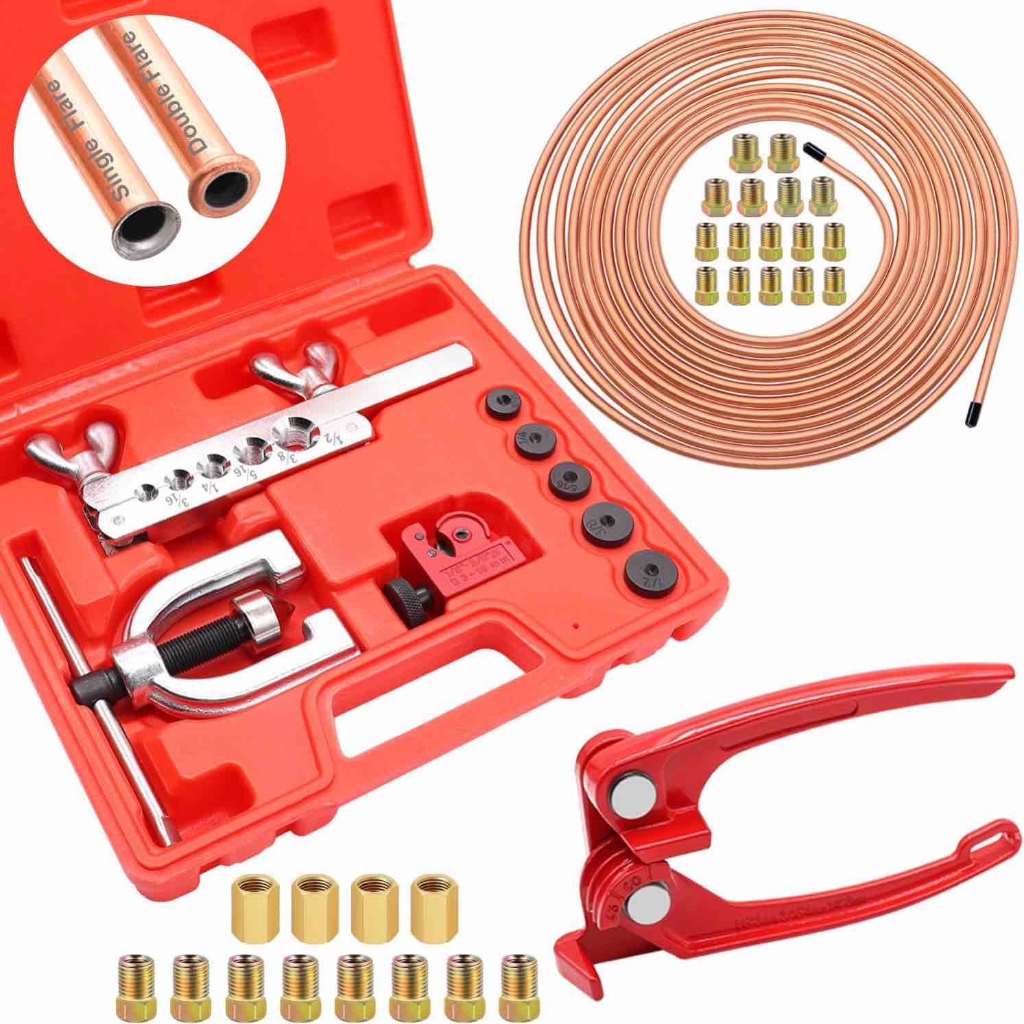 weideer 3/16" Copper Coated Brake Line Tubing Kit - 25 ft (Includes 16 Fittings and 4 Unions+8 Nuts Brake Line Fittings) + Tube Bender + Double & Single Flaring Tool Kit for Brake Line, 45 Degrees