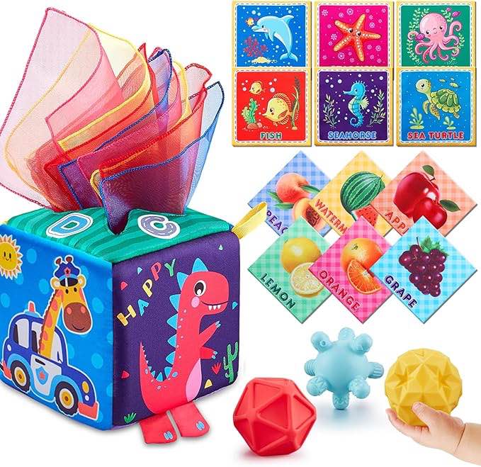 Baby Tissue Box Toy, Montessori Toys for Babies 6-12 Months - Premium Cotton Play Scarves Infant Toys with 3 Sensory Balls, Newborn Educational Baby Toys 6 to 12 Months, STEM Toddler 1-3 Gift