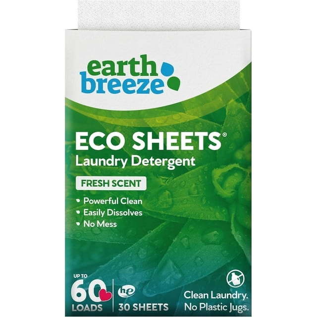 EARTH BREEZE Laundry Detergent Eco Sheets (Fresh Scent, Up to 60 Loads, 30 Sheets)