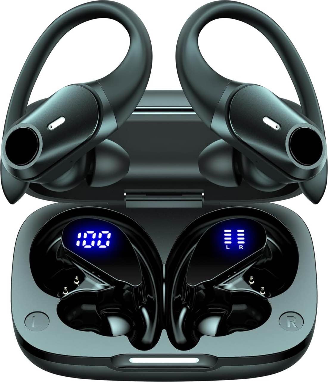 GOLREX Bluetooth Headphones Wireless Earbuds 36Hrs Playtime Wireless Charging Case Digital LED Display Over-ear Earphones with Earhook Waterproof Headset with Mic for Sport Running Workout Black