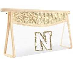 Boho Straw Clear Initial Makeup Bag, Small Cute Cosmetic Zipper Pouch Beige Chenille Varsity Letter Toiletry Bag, Monogrammed Travel Toiletry Makeup Organizer Personalized Gifts for Women(Letter N)