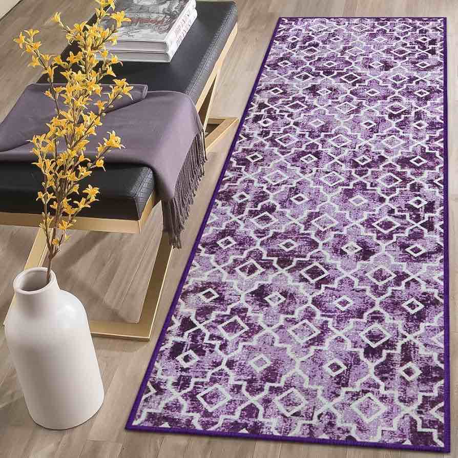 Wonnitar Moroccan Washable Bathroom Rug, 2x4.3 Purple Bath Mat Runner Rug, Non-Slip Soft Bathroom Bedside Distressed Modern Indoor Carpet Runner for Hallway Bedroom Kitchen