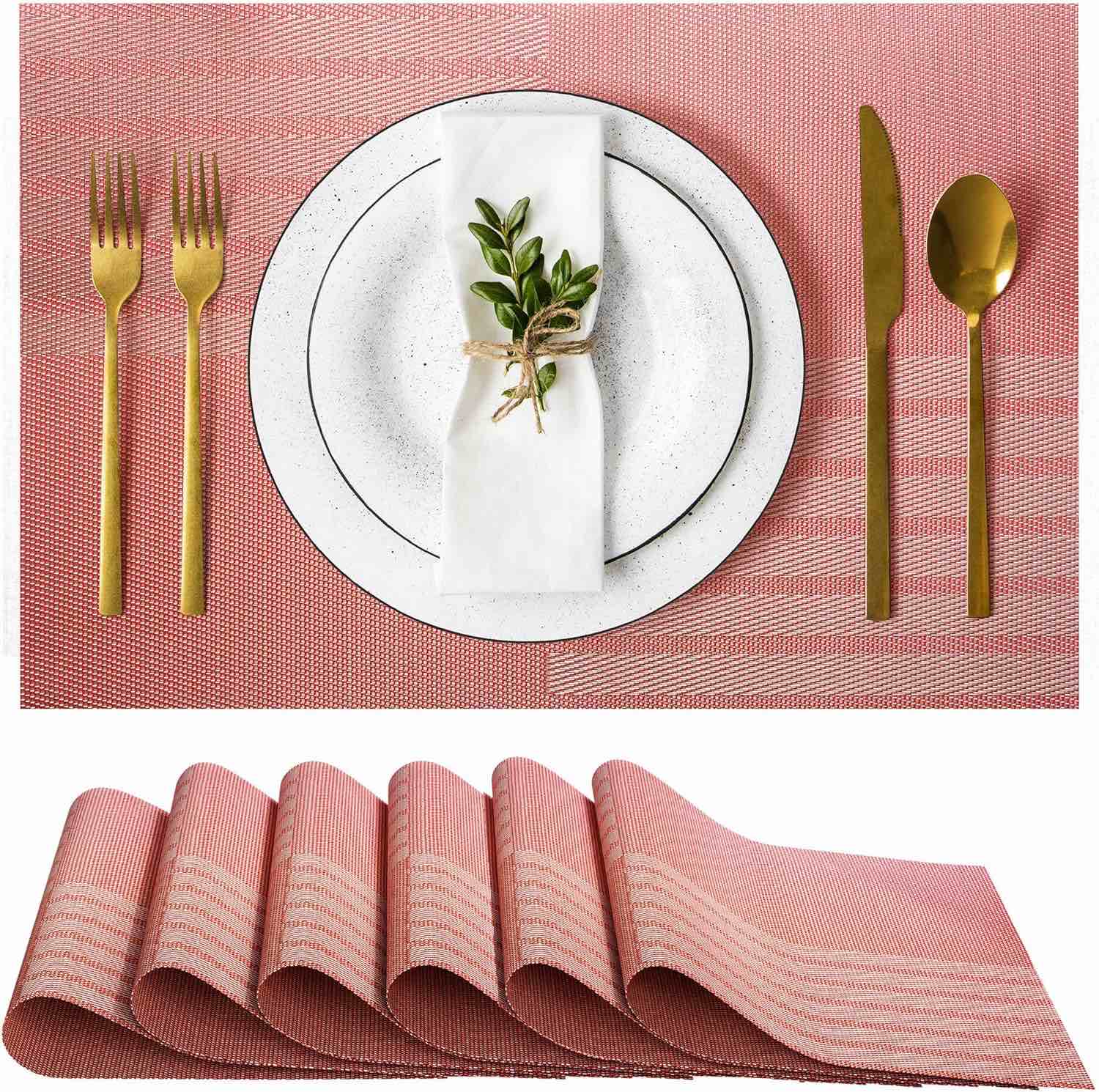COSMOCASA Vinyl Striped Placemats Set of 6, Reversible Plastic Woven Dining Table Mats Indoor & Outdoor, Washable, Easy to Clean, Heat Resistant Place Mats, Red, 18" x 12"