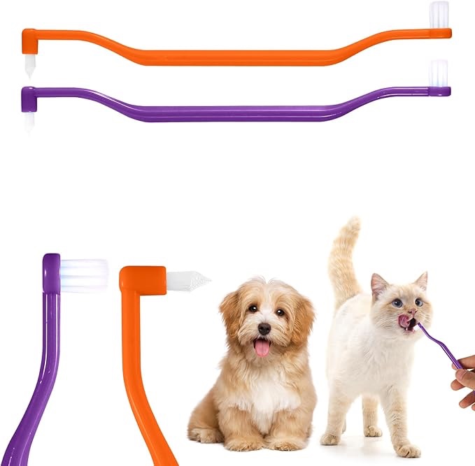 lasuroa 2pcs Cat Toothbrushes, Dual Sided Cat Teeth Cleaning Brush with Micro Brush Head & Curved Handle Deep Cleaning for Kitten Cat Dental Care Supplies (Purple Orange)