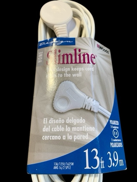 Woods Slimline 2232 Angled Flat Plug Extension Cord, Space Saving Flat Design, 3 Grounded Outlets, 13-Foot, 13 Amps, 1625 Watts, 125 Volts, UL Listed, White Color