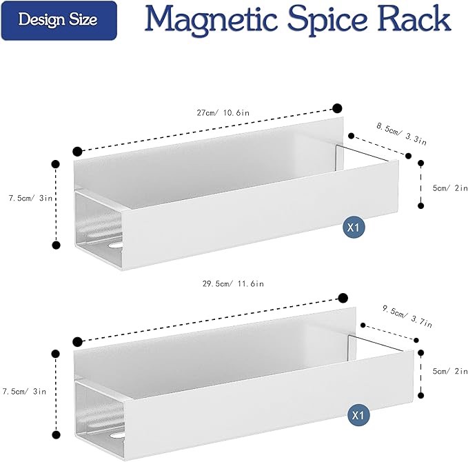 HETMI 2 Pack Magnetic Spice Rack, Magnetic Spice Rack Organizer, Refrigerator Magnetic Spice Rack for Refrigerator and Microwave Oven, Removable Metal Cabinet Space Saving Refrigerator Rack, White