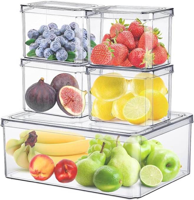 5 Pack Fridge Storage Containers, Plastic Food Storage Box to Keep Fresh Vegetable, Fruit & Meat, Transparent Kitchen Storage Bins for Organizing Freezer, Multifunctional Stackable Food Containers Set