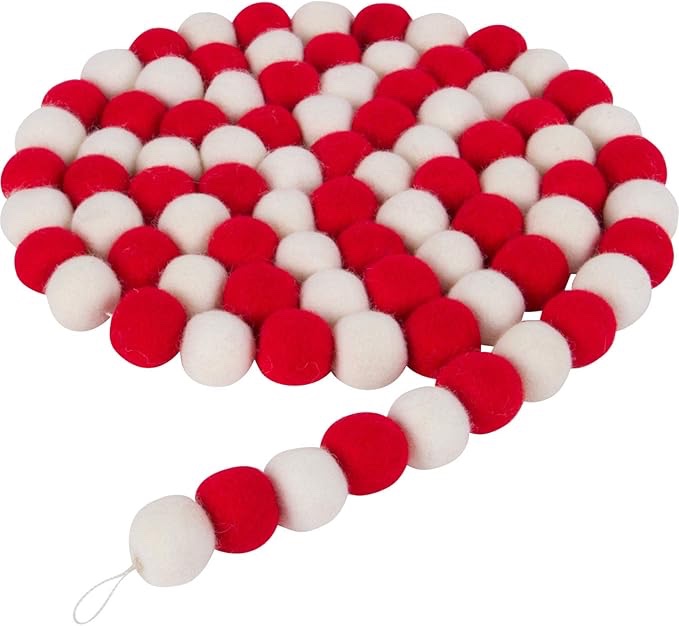 Red and White Wool Felt Ball Pom Pom Garland - Vintage Christmas Tree Decor Holiday Party Banner Decoration for Wall, Crafts, Kids Room