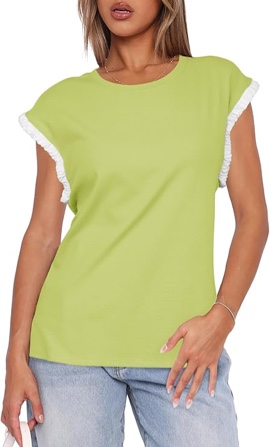 Darong Women's Casual Ruffle Cap Sleeve Crew Neck Tops Summer Cute Color Block Cotton Loose T Shirts Blouses (Small)
