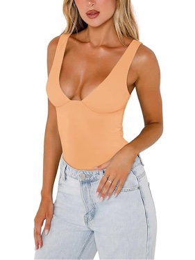 REORIA Bodysuits For Women Black Plus Size Large, Peach Fuzz