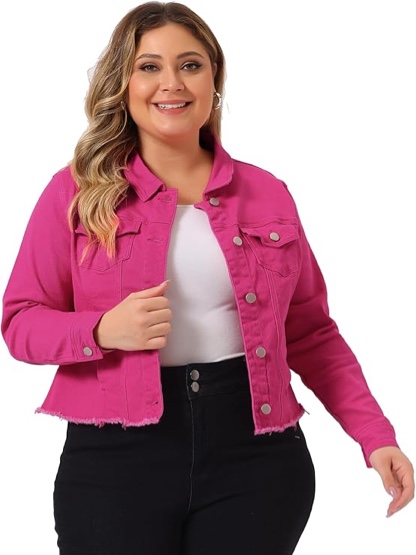 Women's Plus Size Classic Washed Front Frayed Denim Jacket