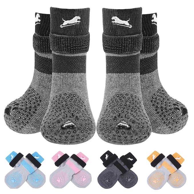 EXPAWLORER 6 Pack Double Sides Anti-Slip Dog Socks - Non-Slip Paw Protection with Adjustable Straps, Strong Grips Traction Control for Indoor on Hardwood Floor Wear