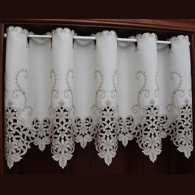 ABREEZE Pastoral Style Embroidered Floral Curtain Window Valance Cafe Curtain with Hollow Lace,59" W X 18" L