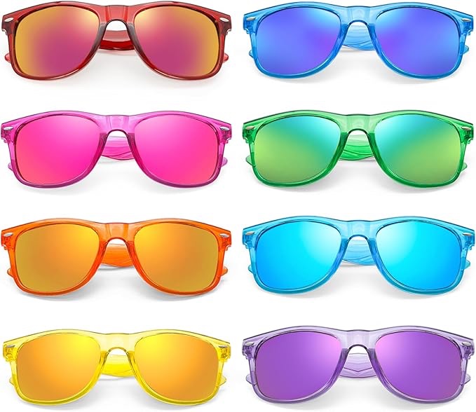 Matcheck 8 Neon Colors Sunglasses Retro Colored Frame Mirrored Lens Glasses Classic Wholesale Bulk Birthday Beach Pool Party Favors Unisex Adult