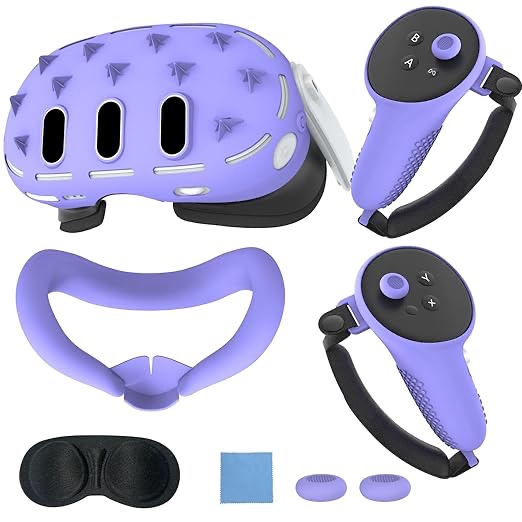 MTomatoVR 3D Silicone Cover for Meta Quest 3, Protective Cover for Oculus Quest 3 Accessories, Soft Shell Skin, Face & Lens Cover, Controller Grips Set - Purple