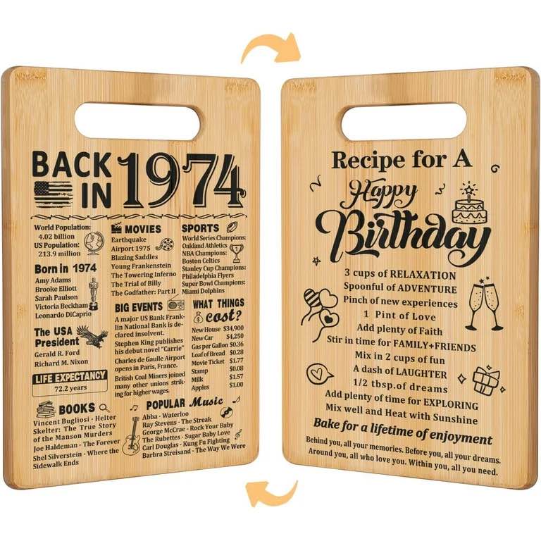 50th Birthday Gifts for Women Men,Back In 1974 &Recipe for A Happy Birthday Double sided Cutting Board Gift for Her Him,50th birthday gifts ideas,cool gifts for 50 year old woman 1975 Birthday Gifts
