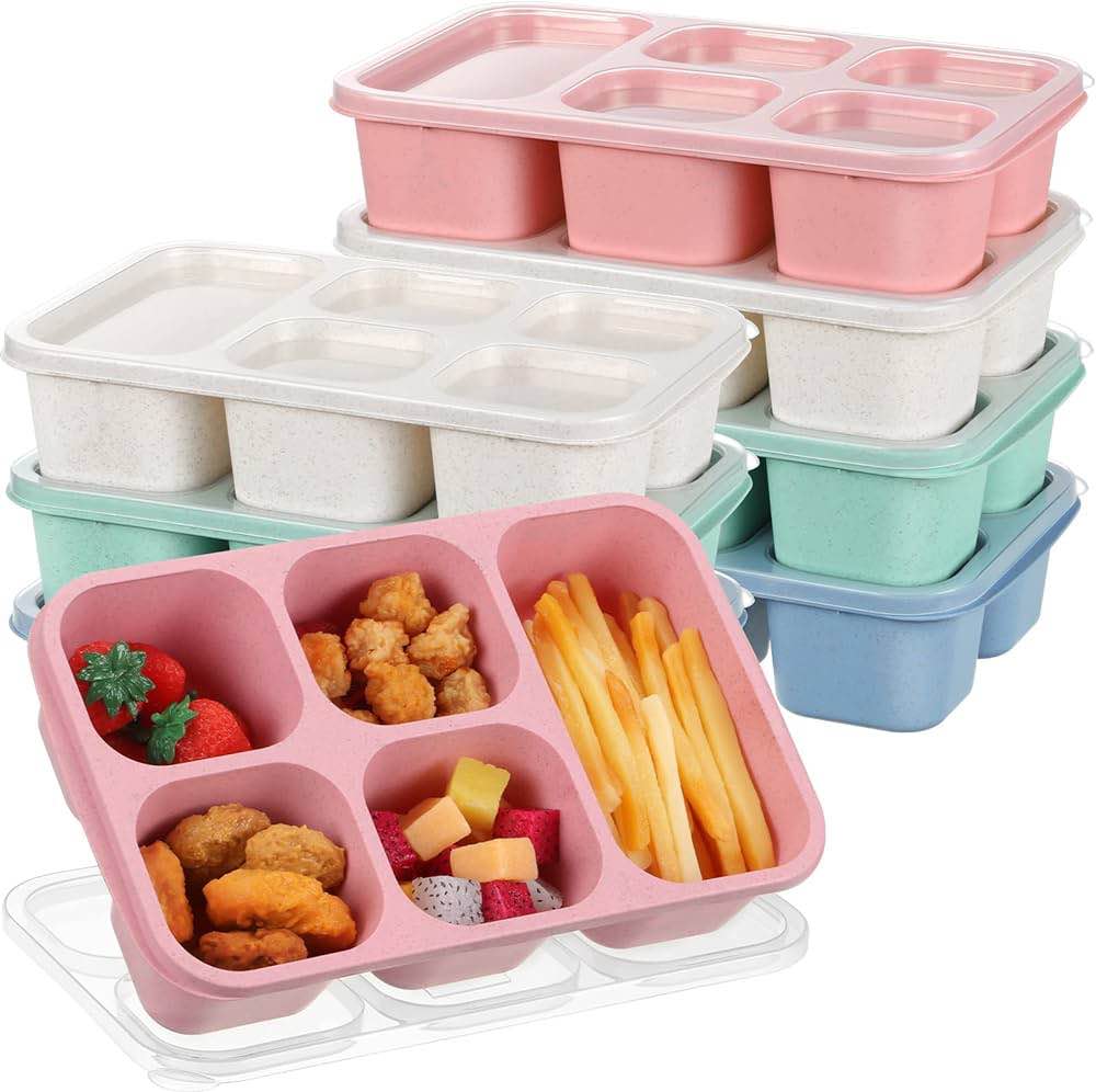 Mumufy 8 Pcs Bento Box 5 Compartment Lunch Box Containers Divided Meal Containers Reusable Snack Food Storage Containers with Transparent Lids for Kids Adults School Work, No BP