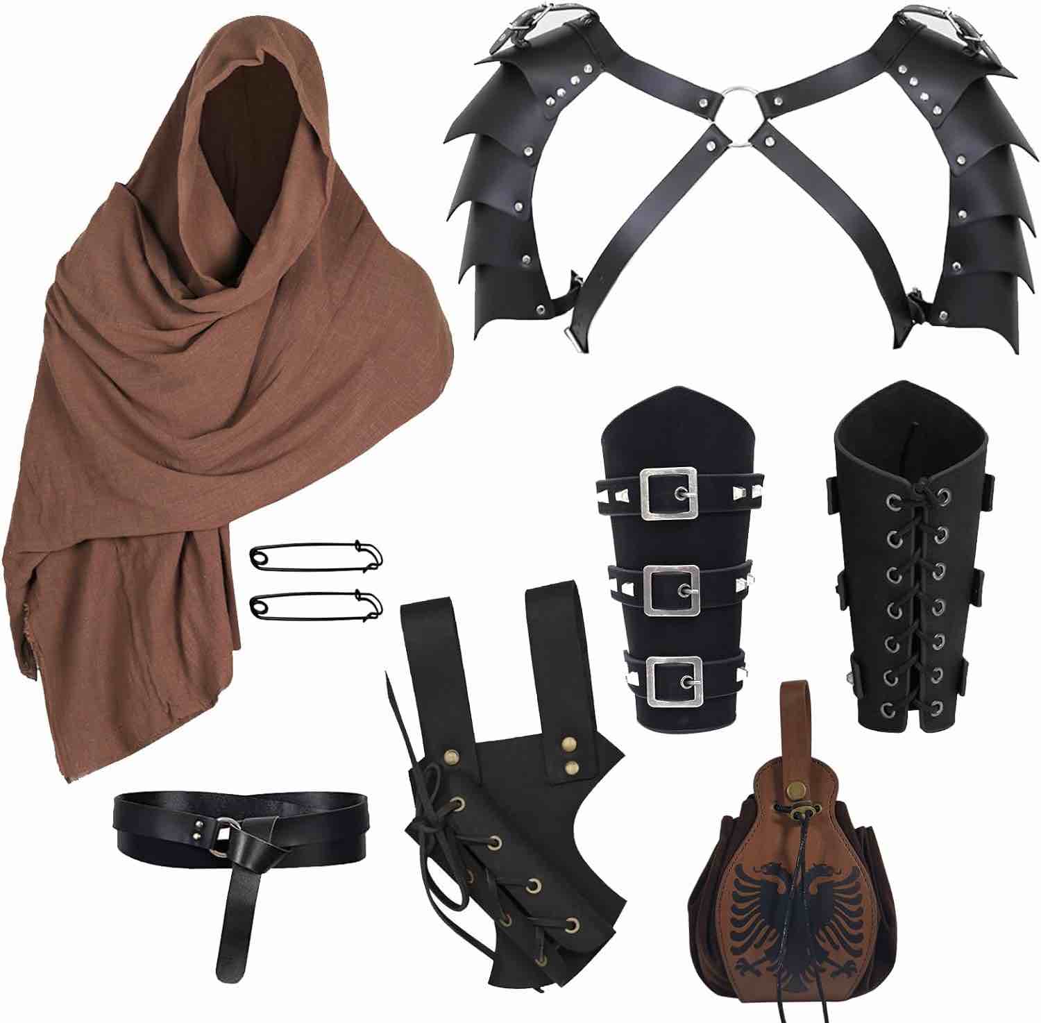 cloank Medieval Belt Leather Wristguard Shoulder Pad Cape Scarf Renaissance Drawstring Coin Purse Set (One Size, Brown 2)