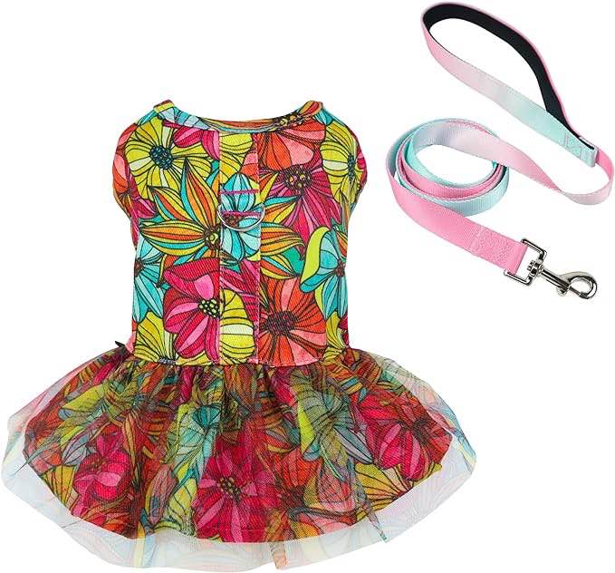 Fitwarm Dog Harness Tulle Dress with Leash Set, Daisy Floral Dog Clothes for Small Dogs Girl, Cat Apparel, Red, Yellow, Pink, X-Small