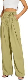 FUNYYZO Straight Wide Leg Long Trousers with Tie Belt for Women Pleated Front High Waisted Pants (Small)