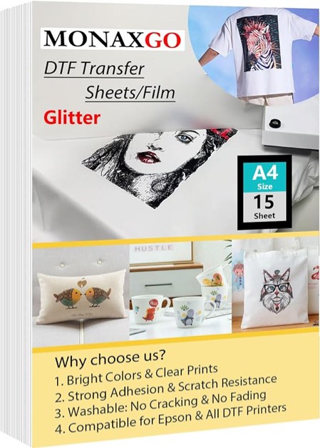 MONAXGO Glitter DTF Transfer Film - A4(8.3" x 11.7") 15 Sheets Double-Sided Matte